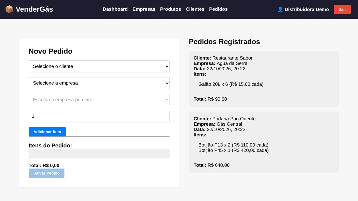 Tela de pedidos do VenderGás